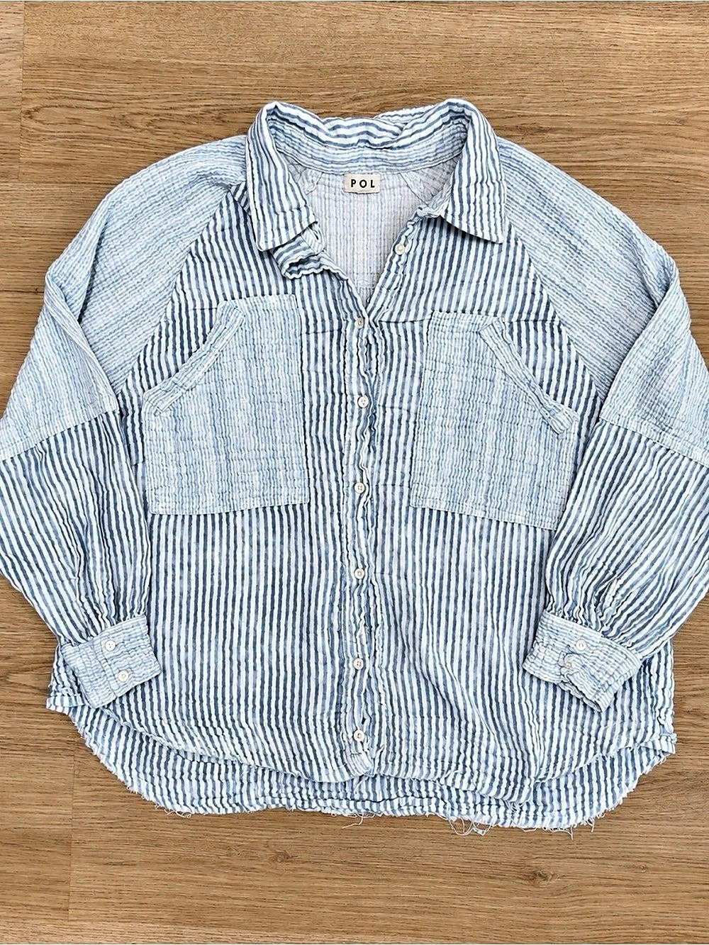 POL Striped Cotton Button Down in Blue & White Size Small